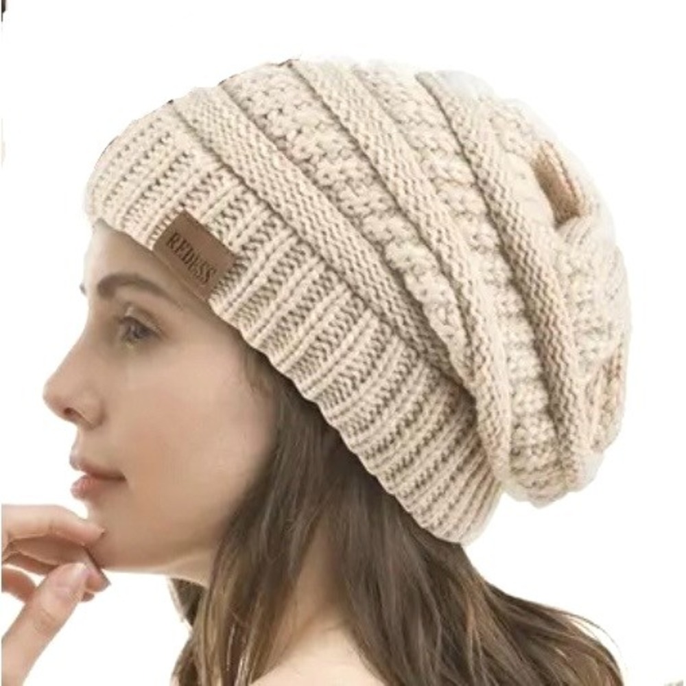 Unisex Slouchy Chunky Soft Warm Fleece Lined Beanie Hat Cap Tan One Size Outdoor